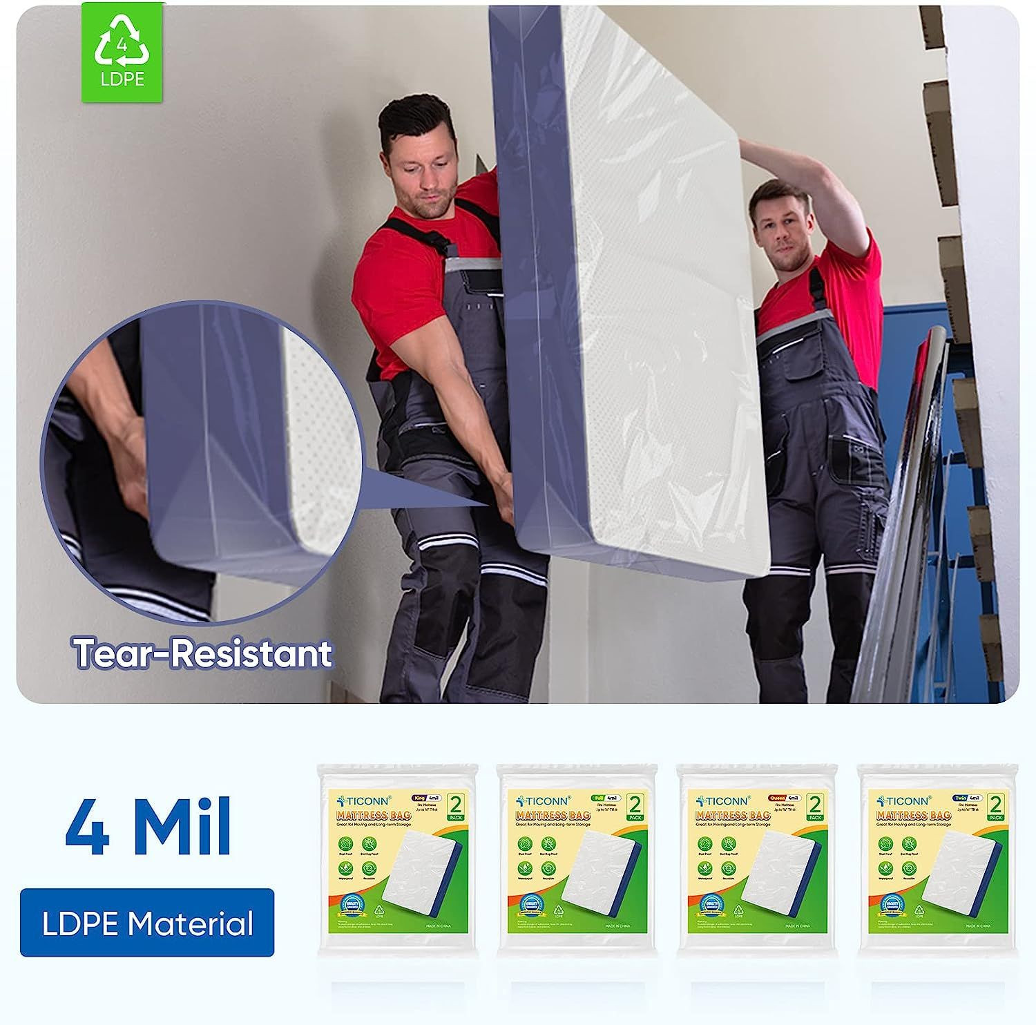 TICONN 2PK Mattress Bag for Moving Storage, 4 Mil Waterproof Twin/Twin XL