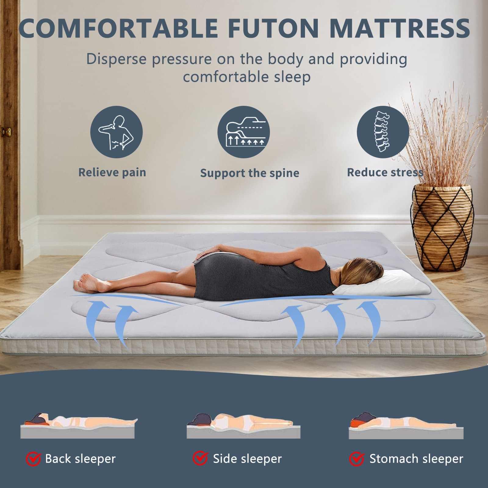 Thick Japanese Futon Mattress Roll-Up Sleeping Pad Floor Bed Couch Mat