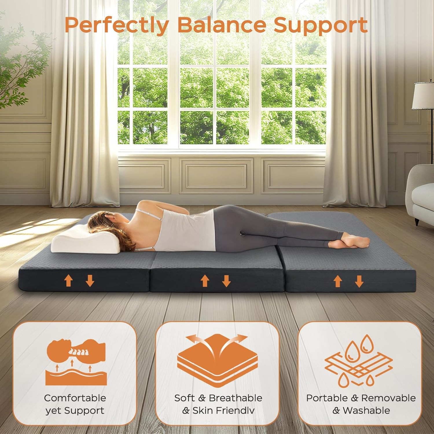 Tri Folding Mattress Queen Size – Memory Foam Tri-Fold Handle & Non-Slip Bottom,