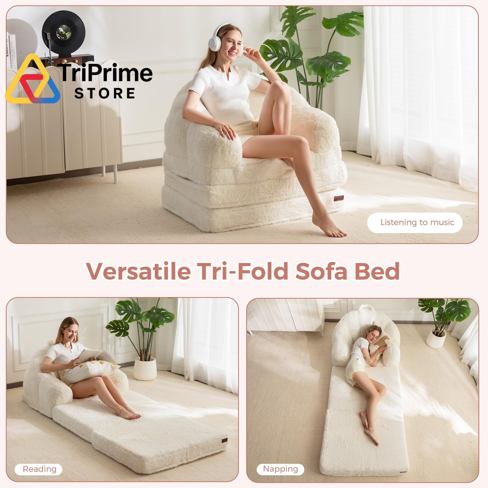MAXYOYO Folding Sofa Bed, 2 in 1 Convertible to Lounger Single, Beige
