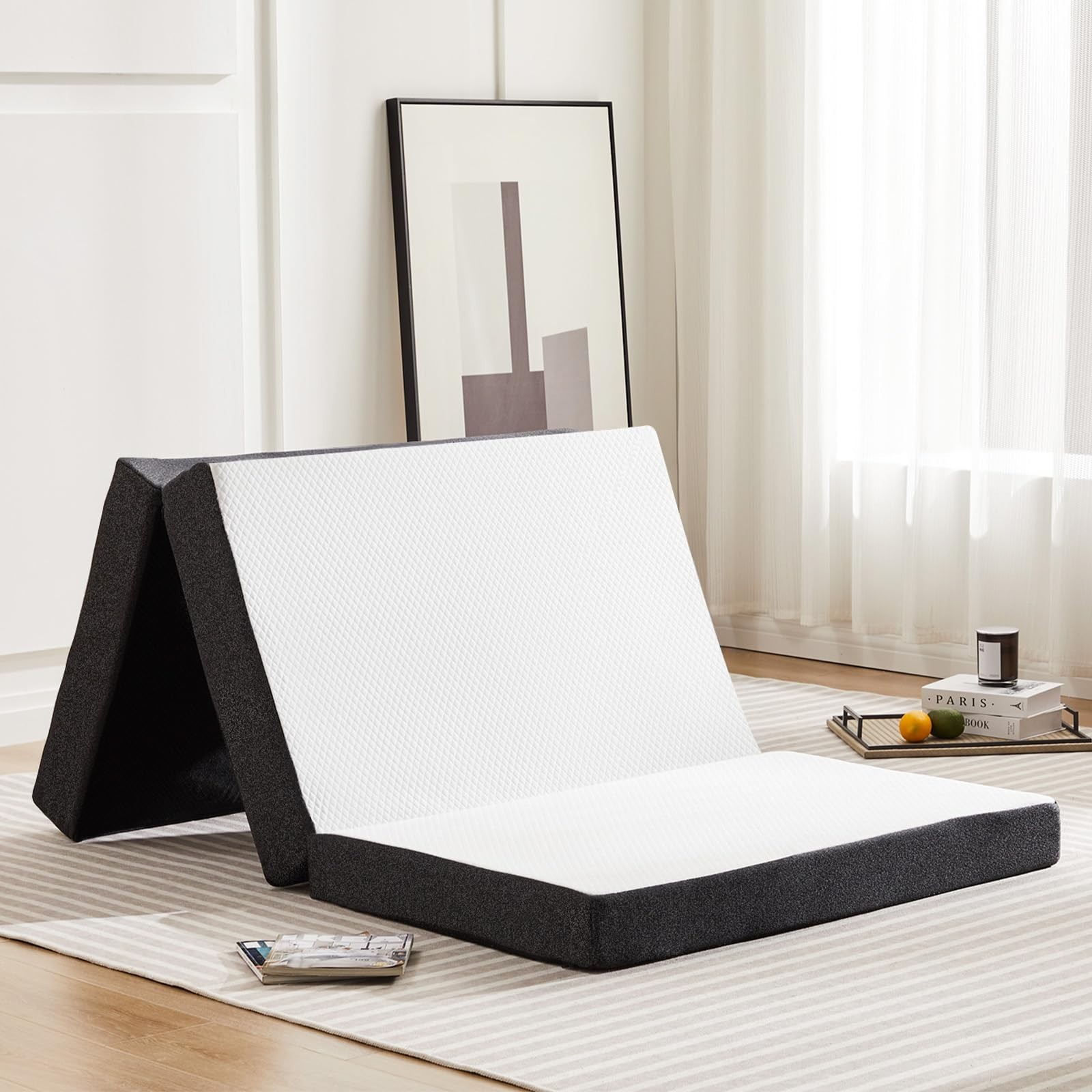 Tri-Fold Memory Foam Mattress 4″ Twin Size Portable Floor Bed, Washable Cover, T