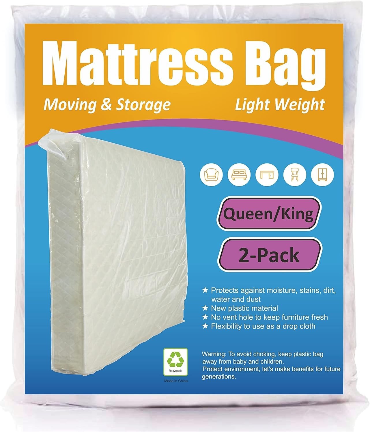 2-Pack Clear Mattress Bag for Safe Storage – Fits Queen & King Sizes, Durable