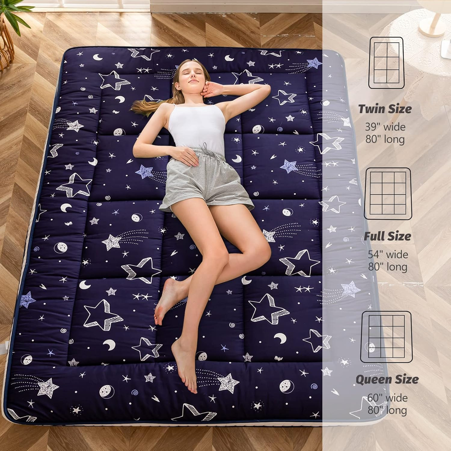 Navy Star Extra Thick Futon Mattress – Quilted Floor Lounger for Camping, Twin