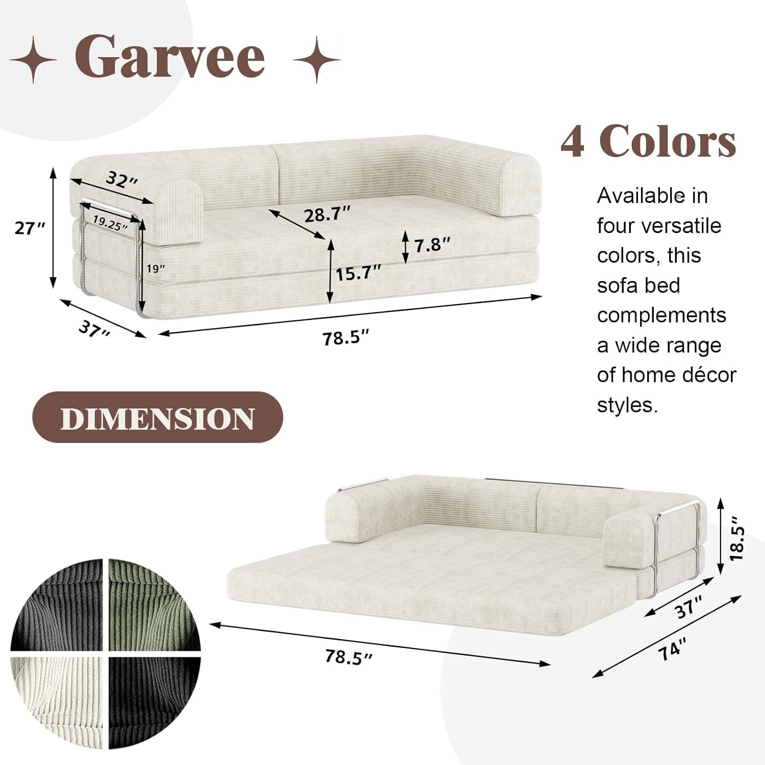 79″ 5-in-1 Convertible Sleeper Sofa Bed, No Assembly Corduroy Modular