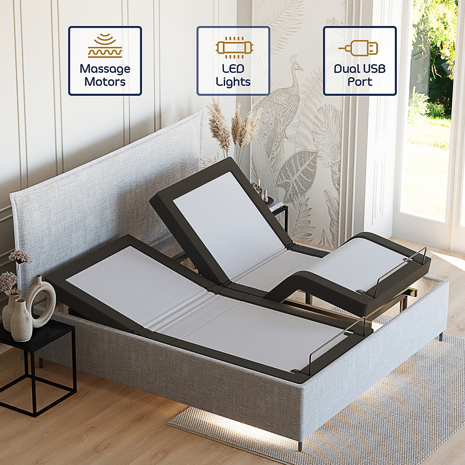Adjustable Bed Base Massage Bed Frame Optional Remote, USB Ports, LED