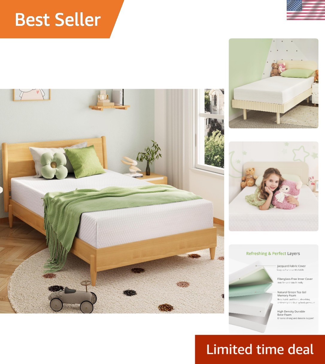 CertiPUR Certified Twin Mattress: 75”L x 38”W, Cooling Green Tea Gel Comfort