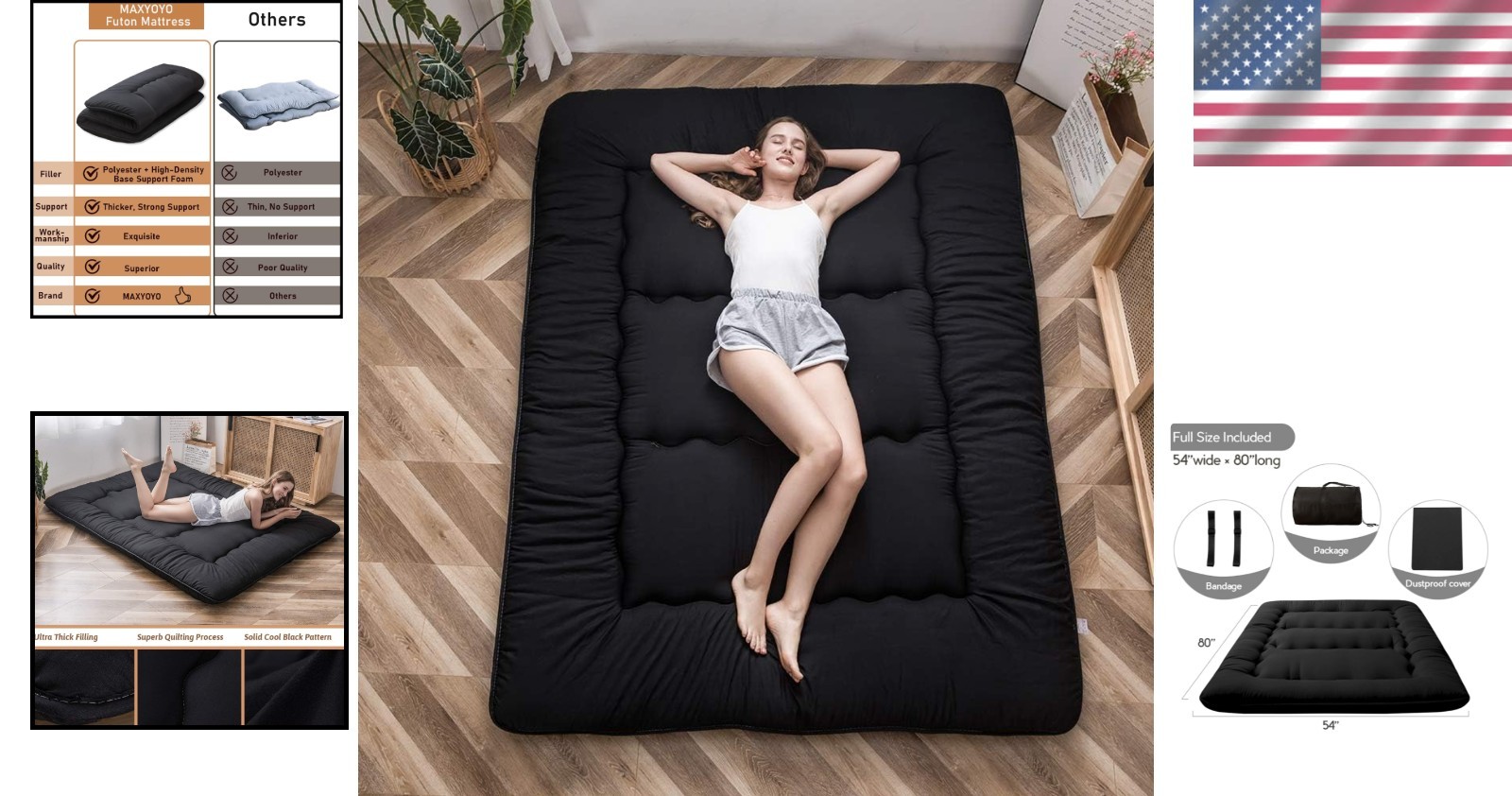 Japanese Floor Futon Mattress, Black, Full Size