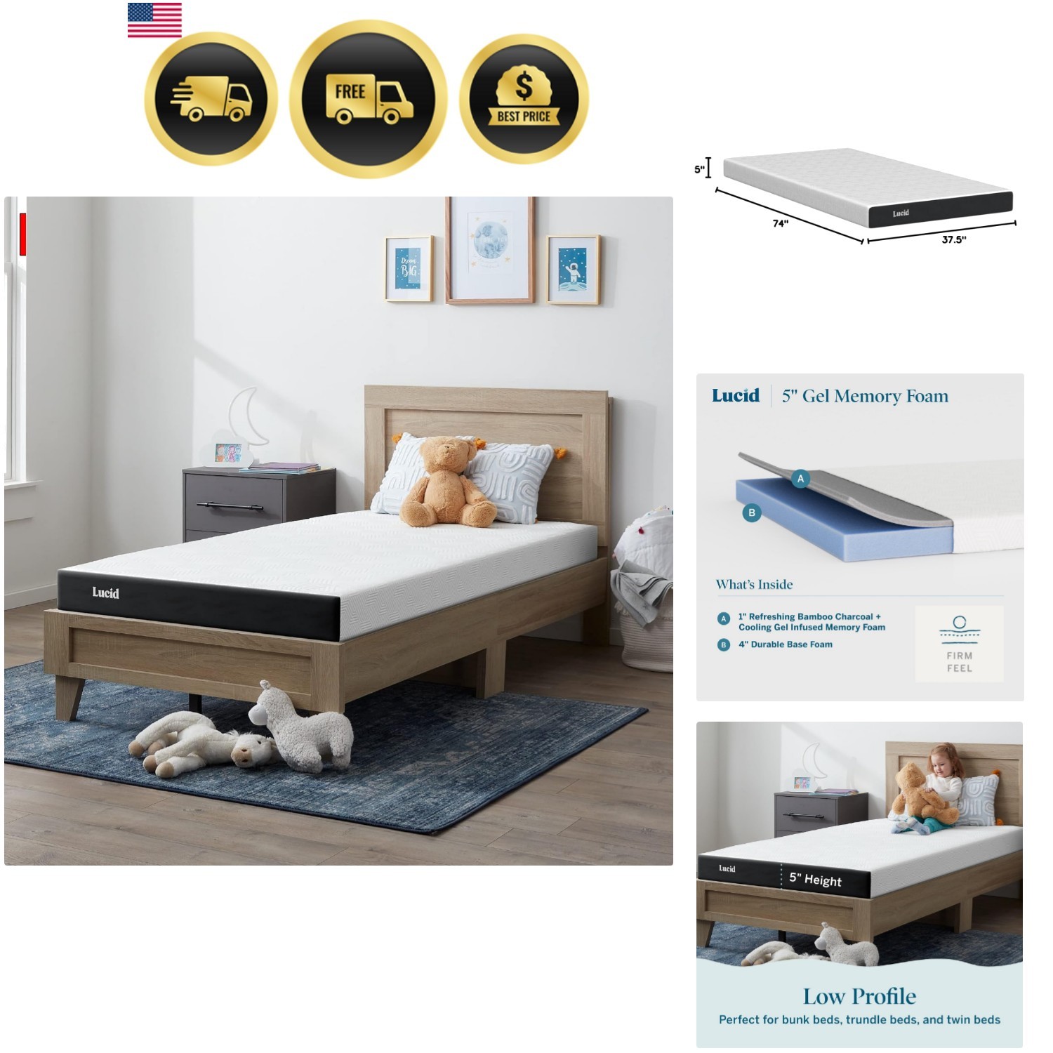 5 Inch Memory Foam Mattress – Low Profile – Firm Feel – Infused with Bamboo C…