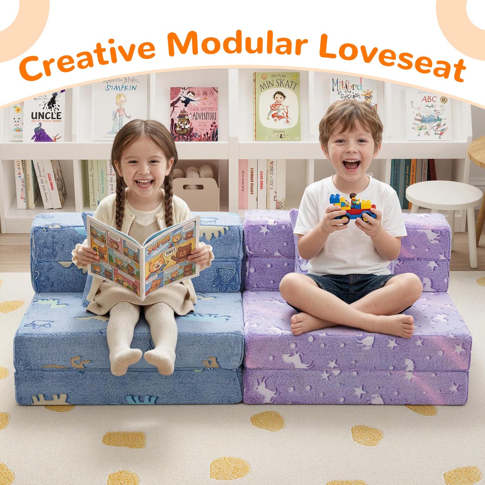 Foldable Futon Chair Bed for Kids, Glow Tri-Fold Sofa Bed Convertible Toddler…