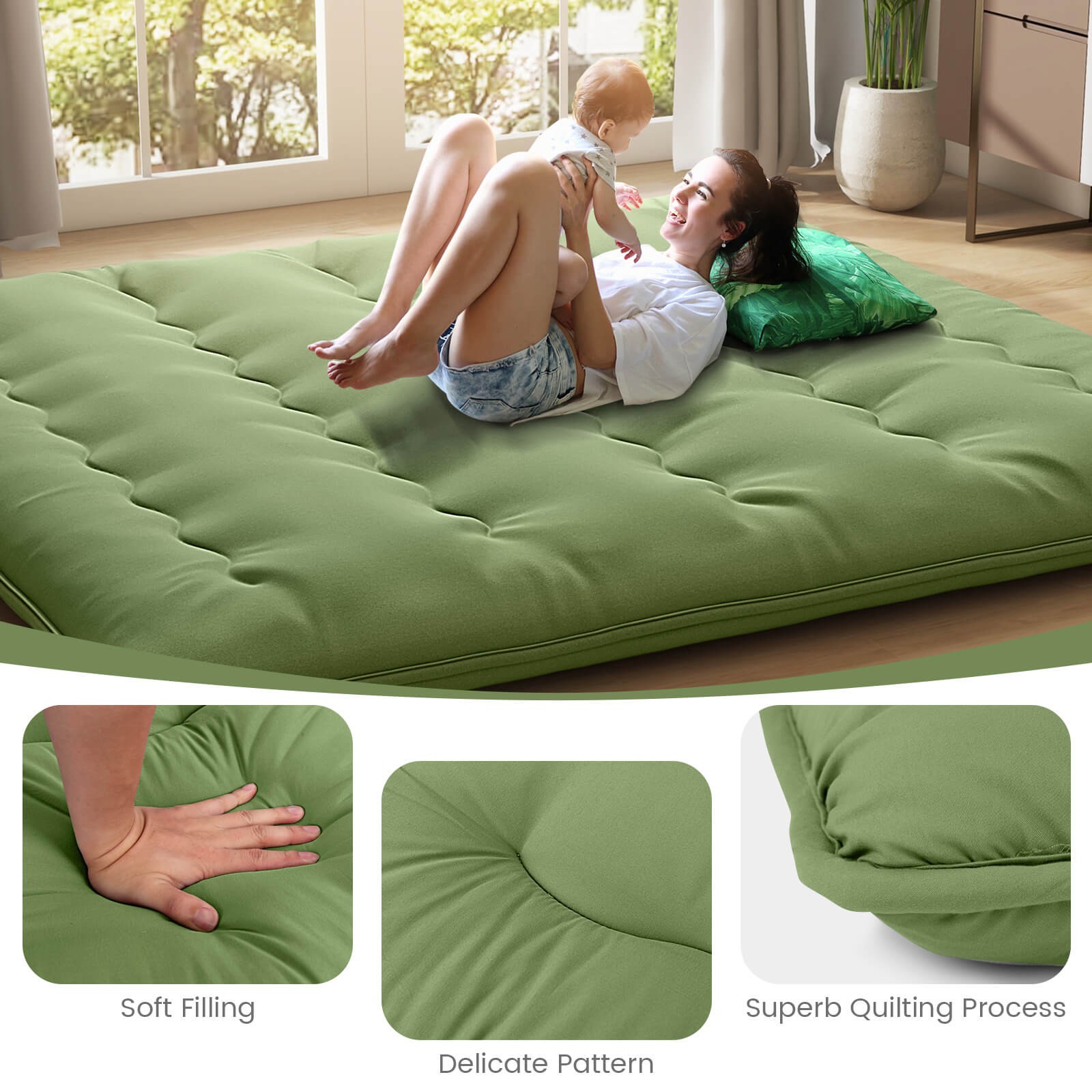 King Futon Mattress Japanese Floor Pad Washable Cover Carry Bag Green