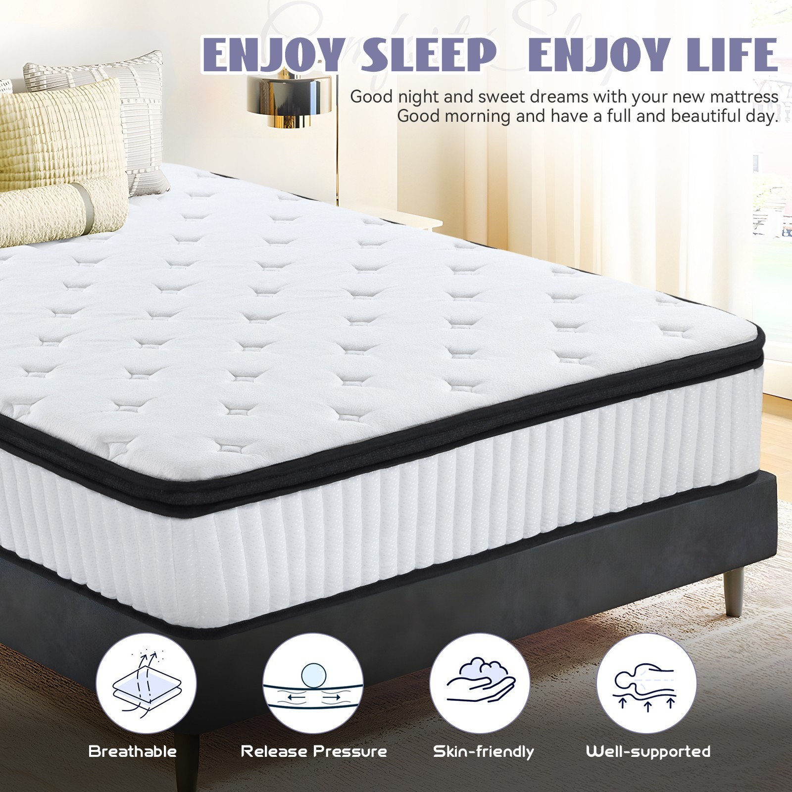 Hbaid 12″ Pocket Spring Hybrid Mattress, Twin Txl Full Queen King Size
