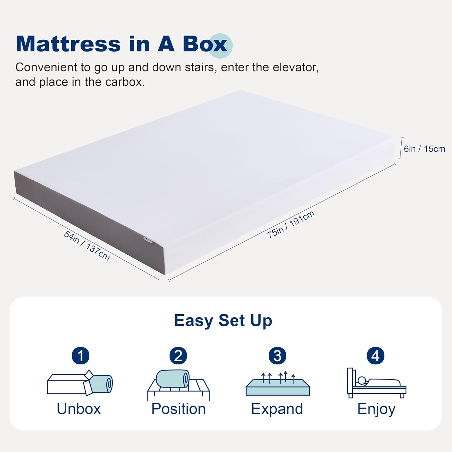 Memory Foam Mattress, Soft Plush Feel, 6 Inch, Full, White/Grey