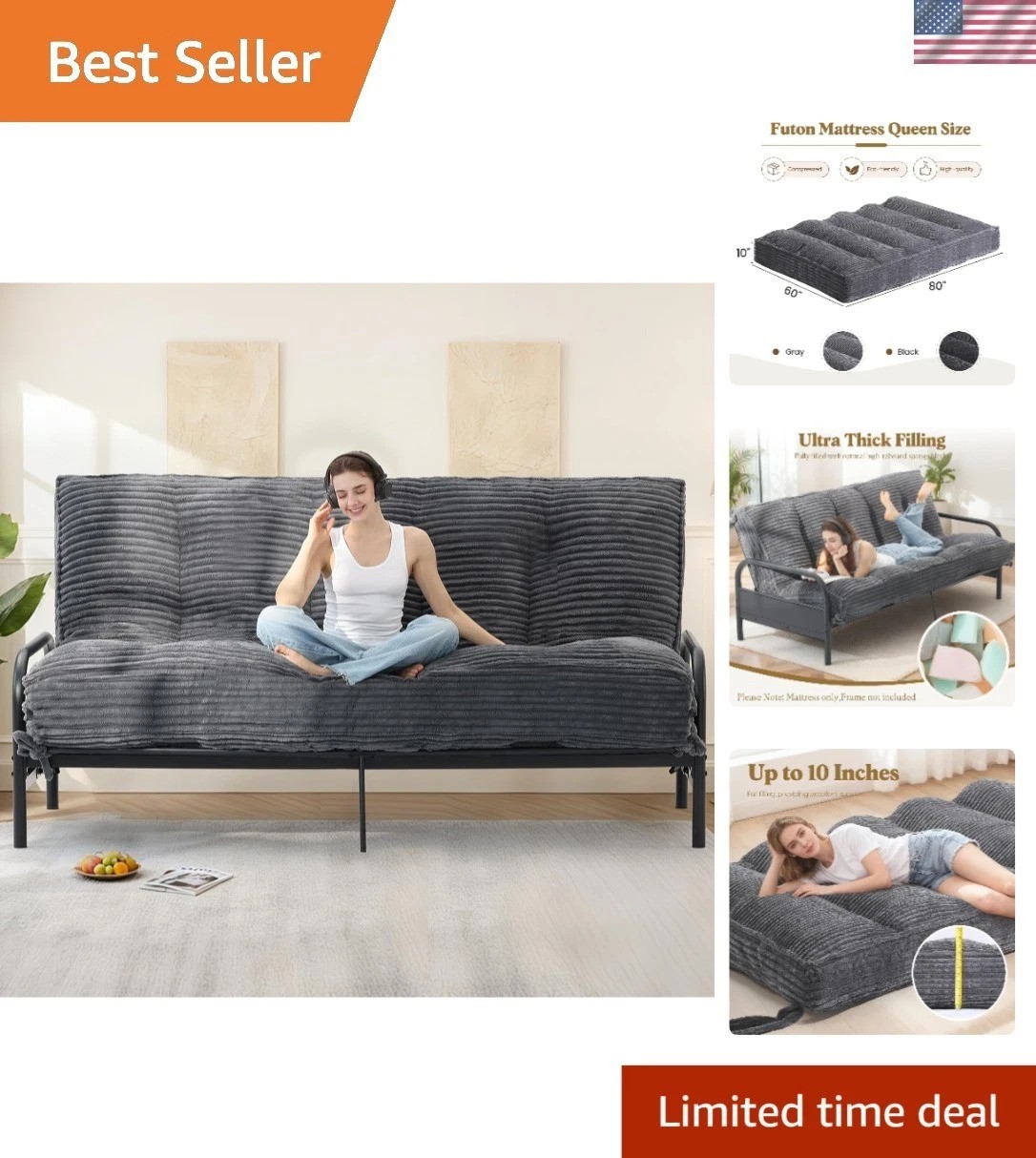 10″ Queen Futon Mattress – Soft & Supportive Folding Sofa Bed for Every Space