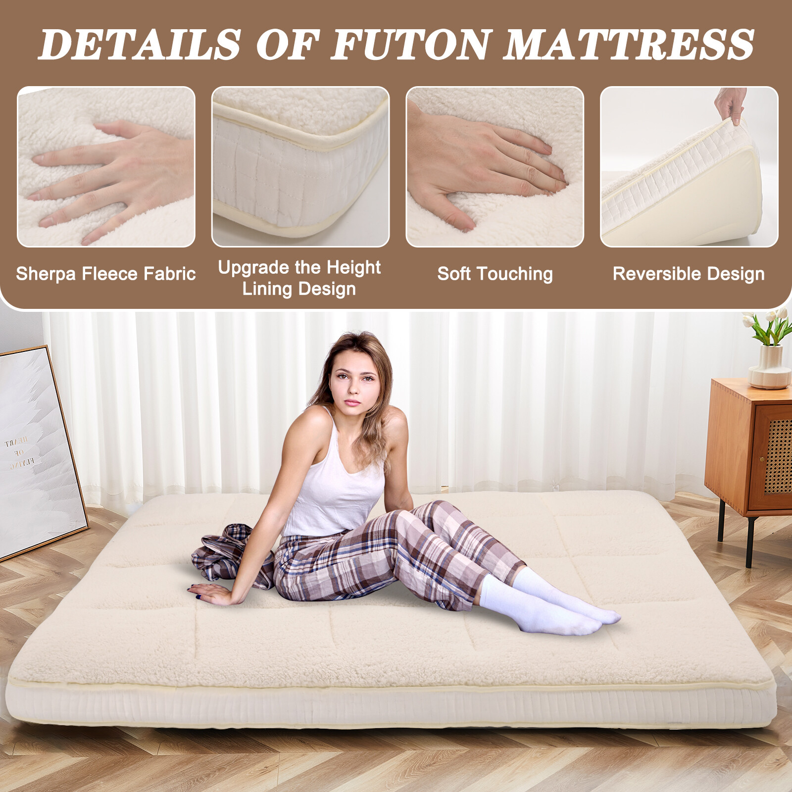 SUNYRISY Japanese Mattress Topper Quilted Fitted Mattress Sherpa Fleece Cushion