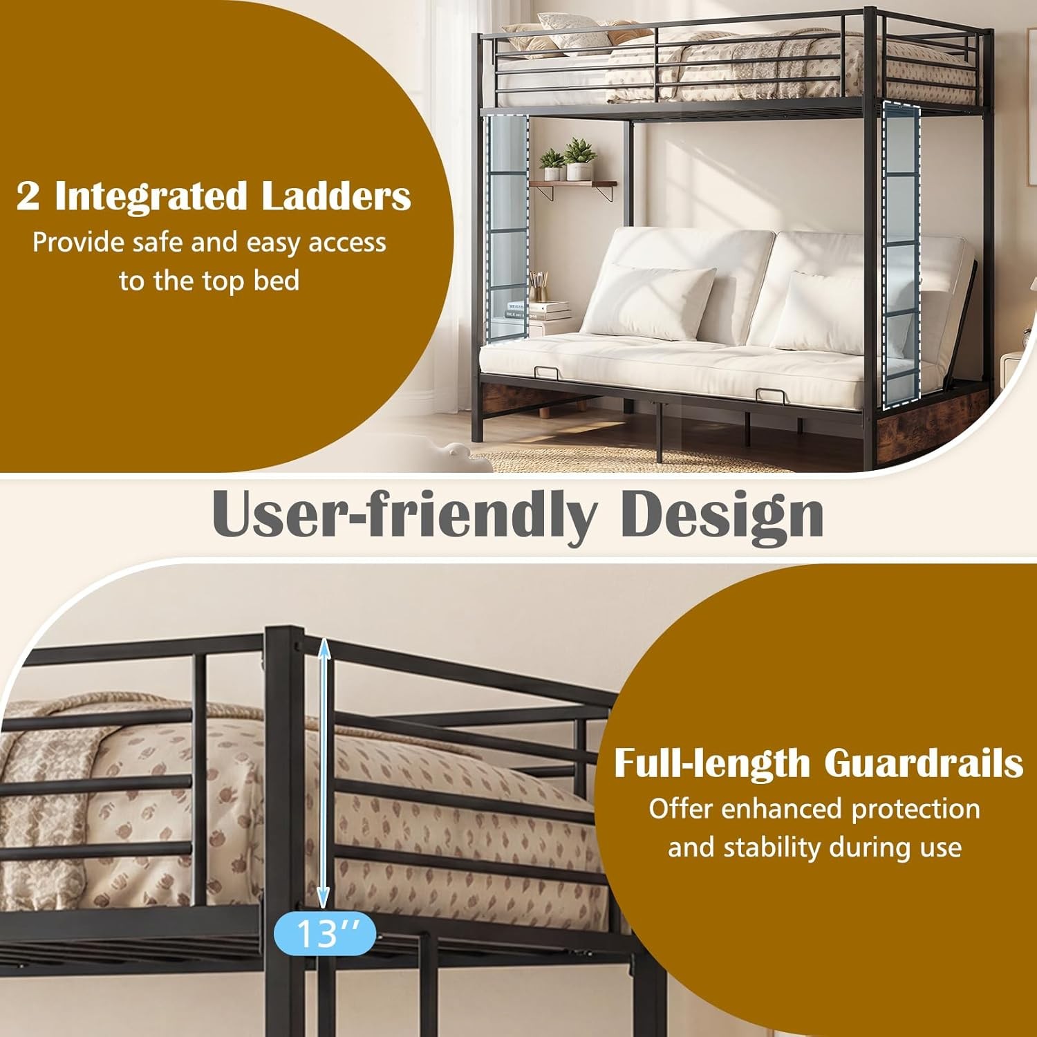 Twin Over Twin Futon Bunk Bed, Convertible Metal Bunk Bed with