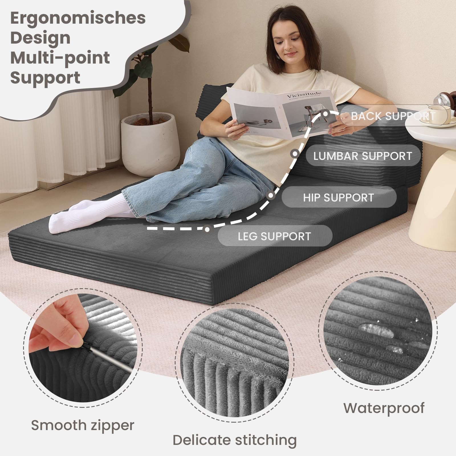 JUIKURY Folding Sofa Bed, Convertible Sleeper Chair with Pilow Full, Grey