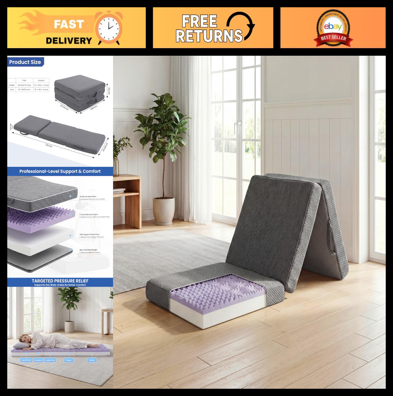 Tri-Fold Memory Foam Mattress 4″ Portable Floor Bed, Washable Cover for Camping,