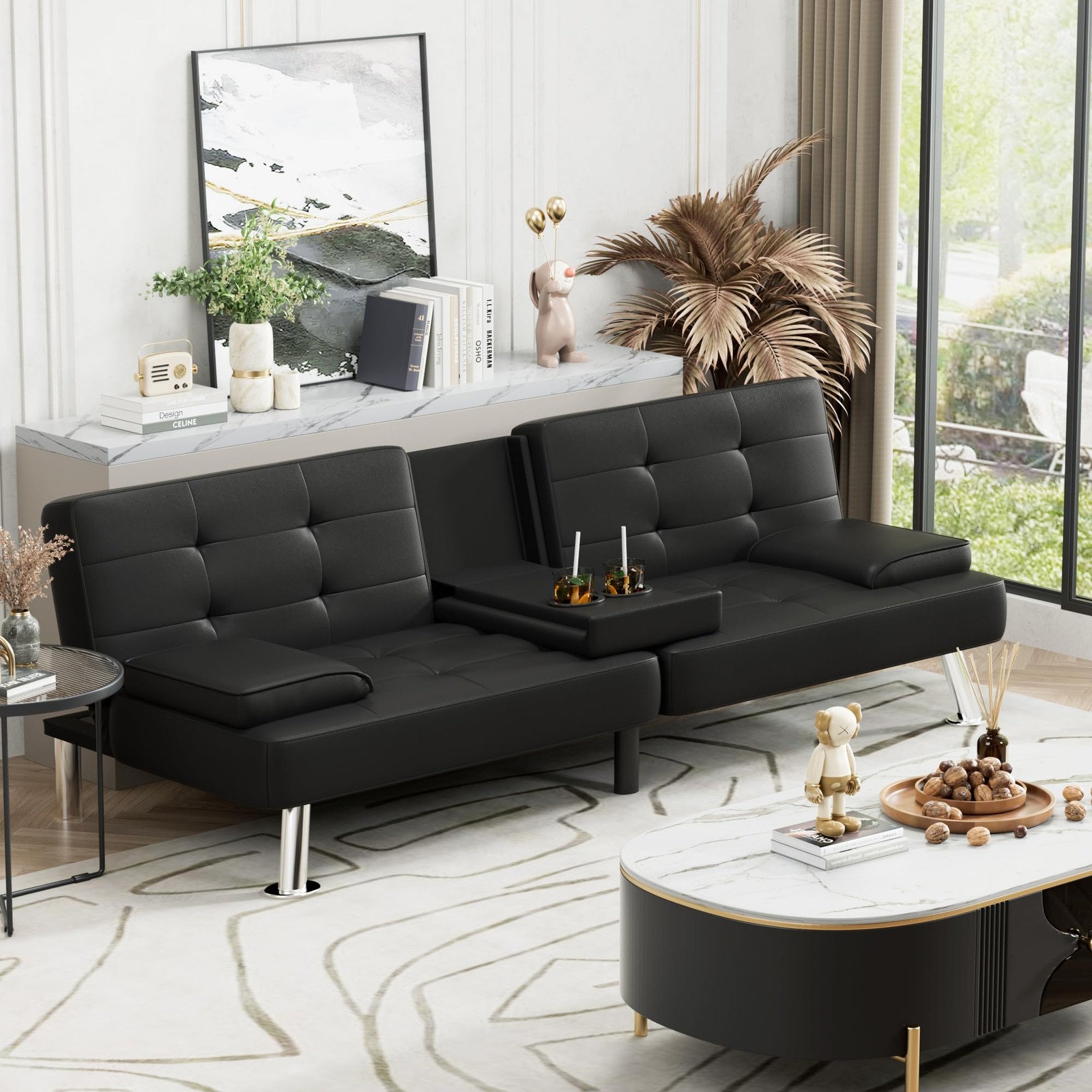 Homall Futon Sofa Bed, Leather 65 inches x 30.7 x 28 inches, Black