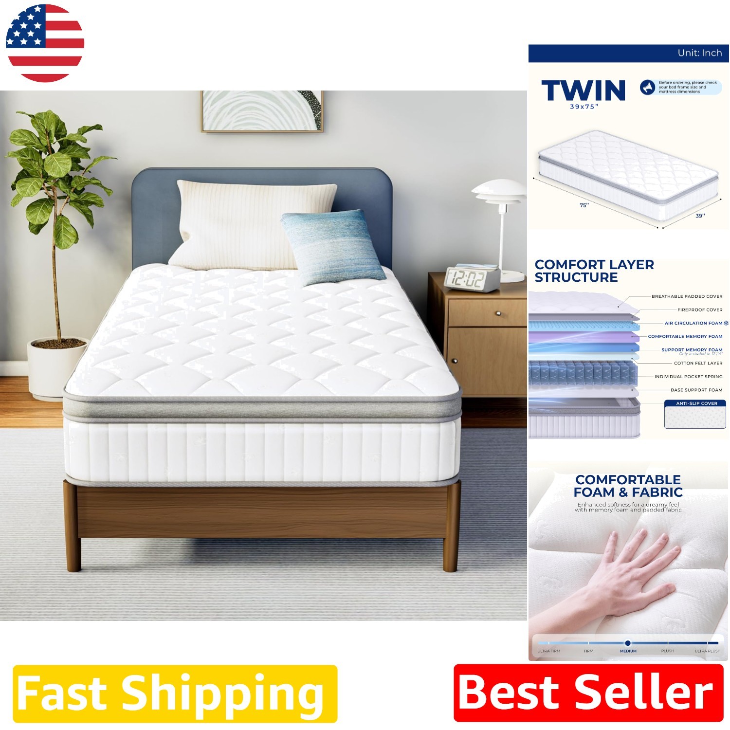 Twin Hybrid Mattress 12″ Gel Memory Foam Pocket Springs Pressure Relief