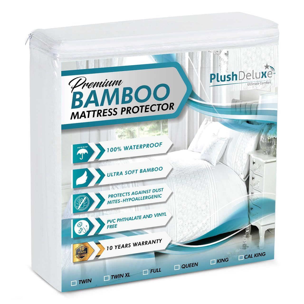 PlushDeluxe Premium Bamboo Mattress Protector – Twin Size, Twin, White