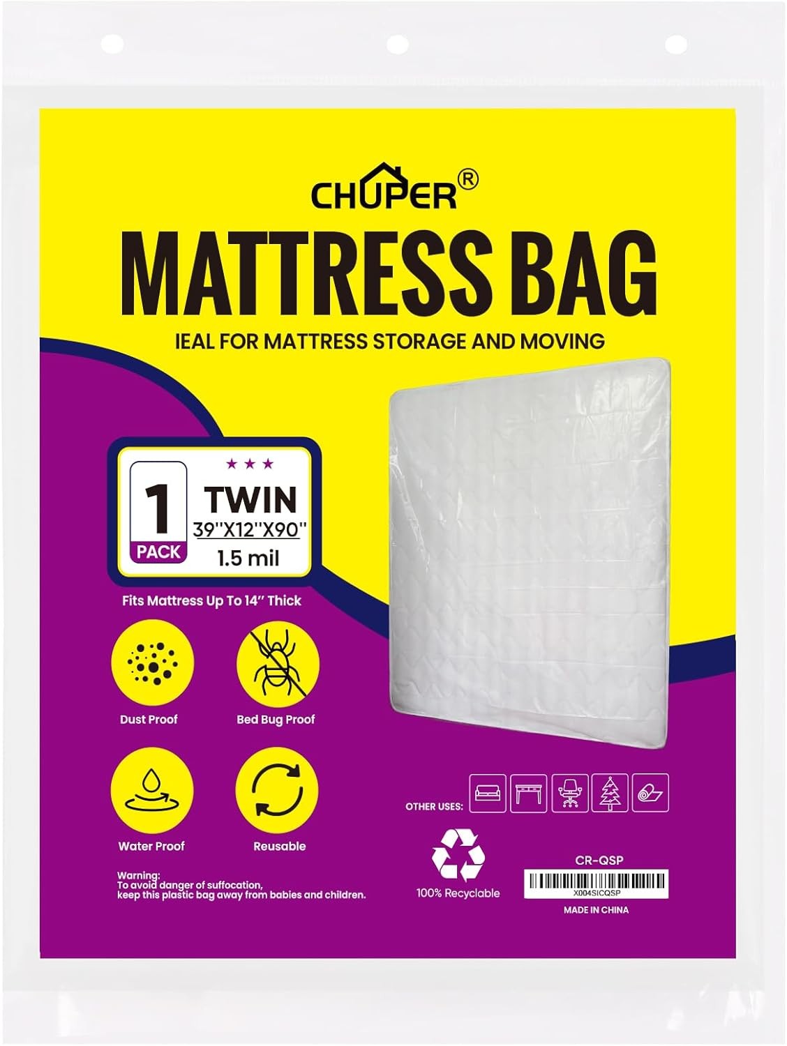 Mattress Moving & Storage Bag 100×60, Waterproof Dustproof Heavy Duty