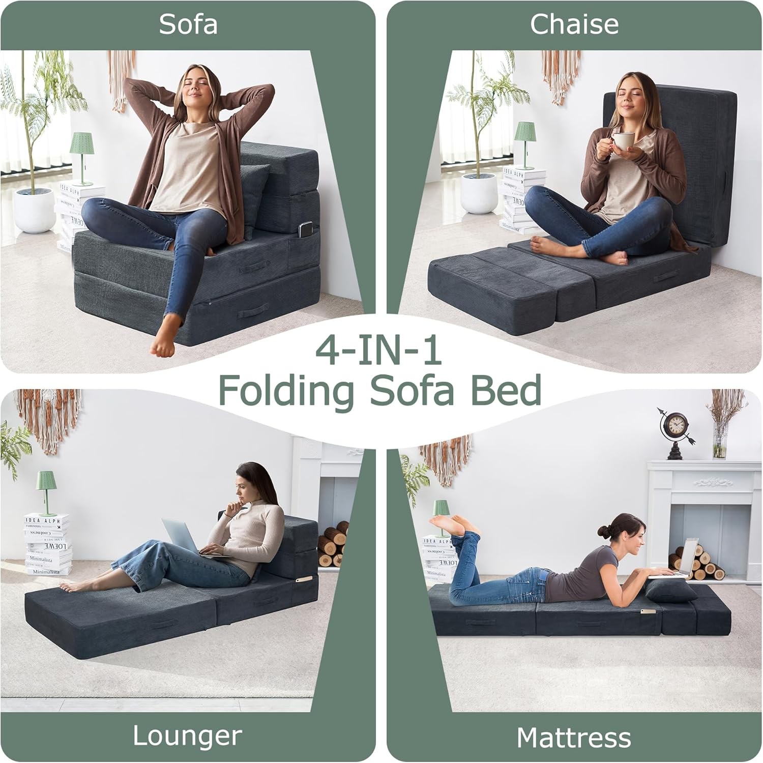 Folding Sofa Bed, 4 in 1 Convertible Sleeper Chair with Pillow, Single