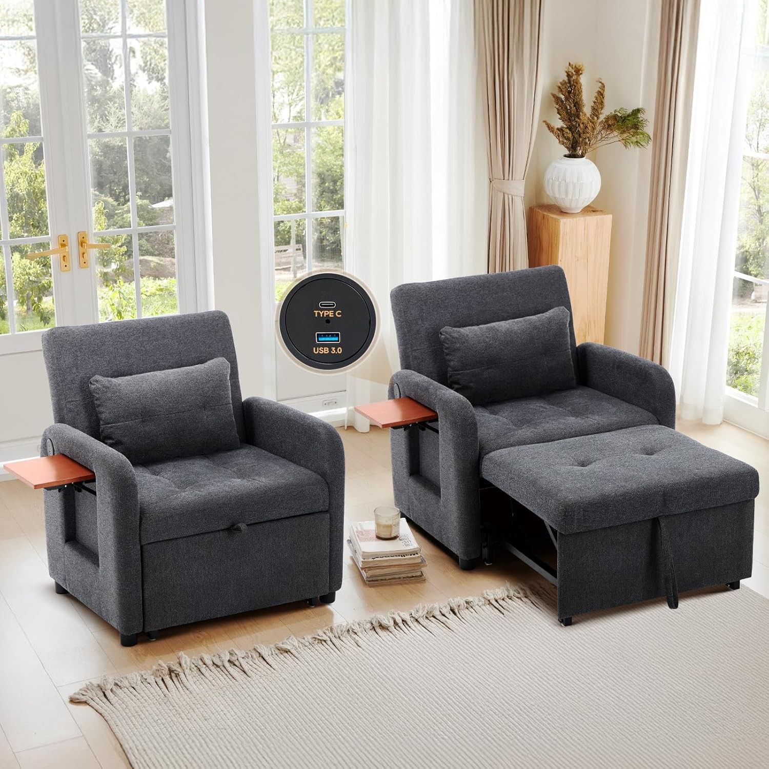 Convertible Sleeper Chair-Fabric Futon Sofa Bed, Single Sleeper