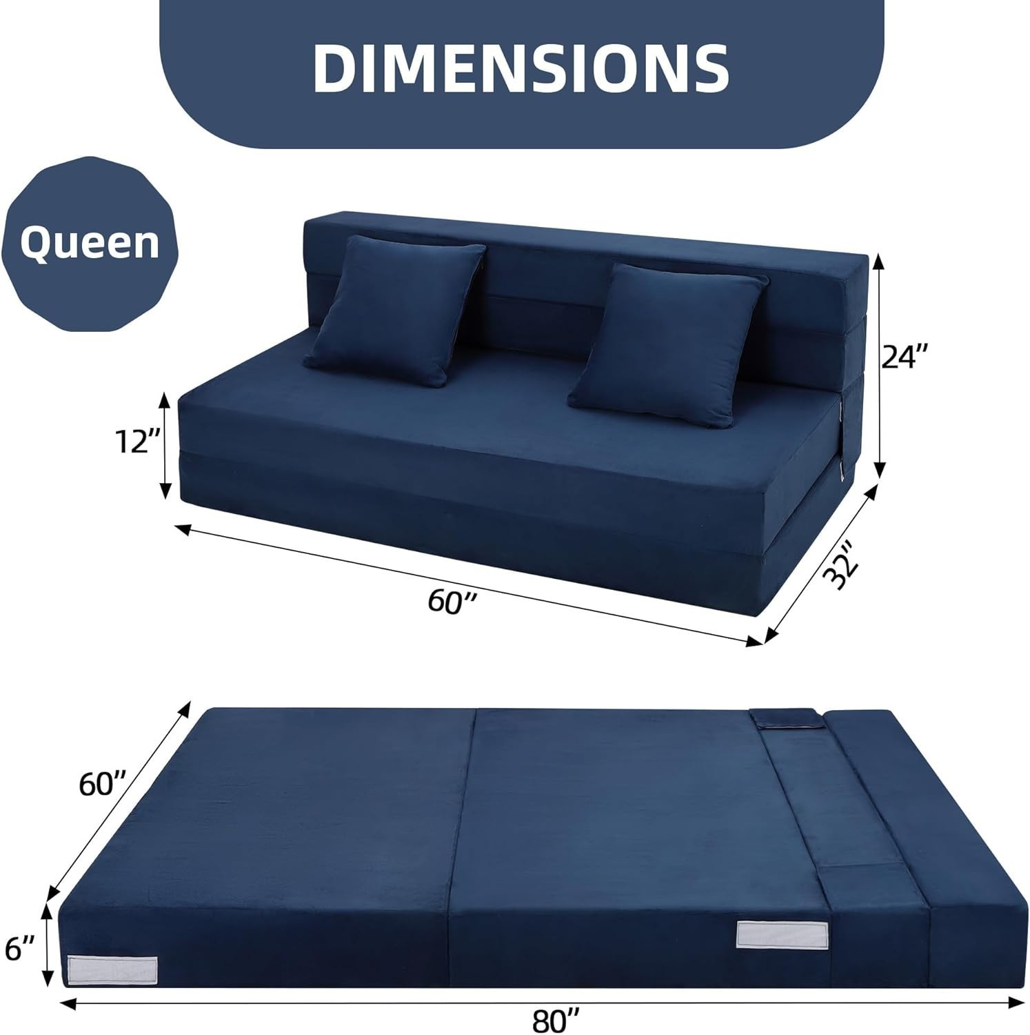 Queen Size Folding Sofa Bed Convertible Floor Futon Bed Mattresses w/ 2 Pillows