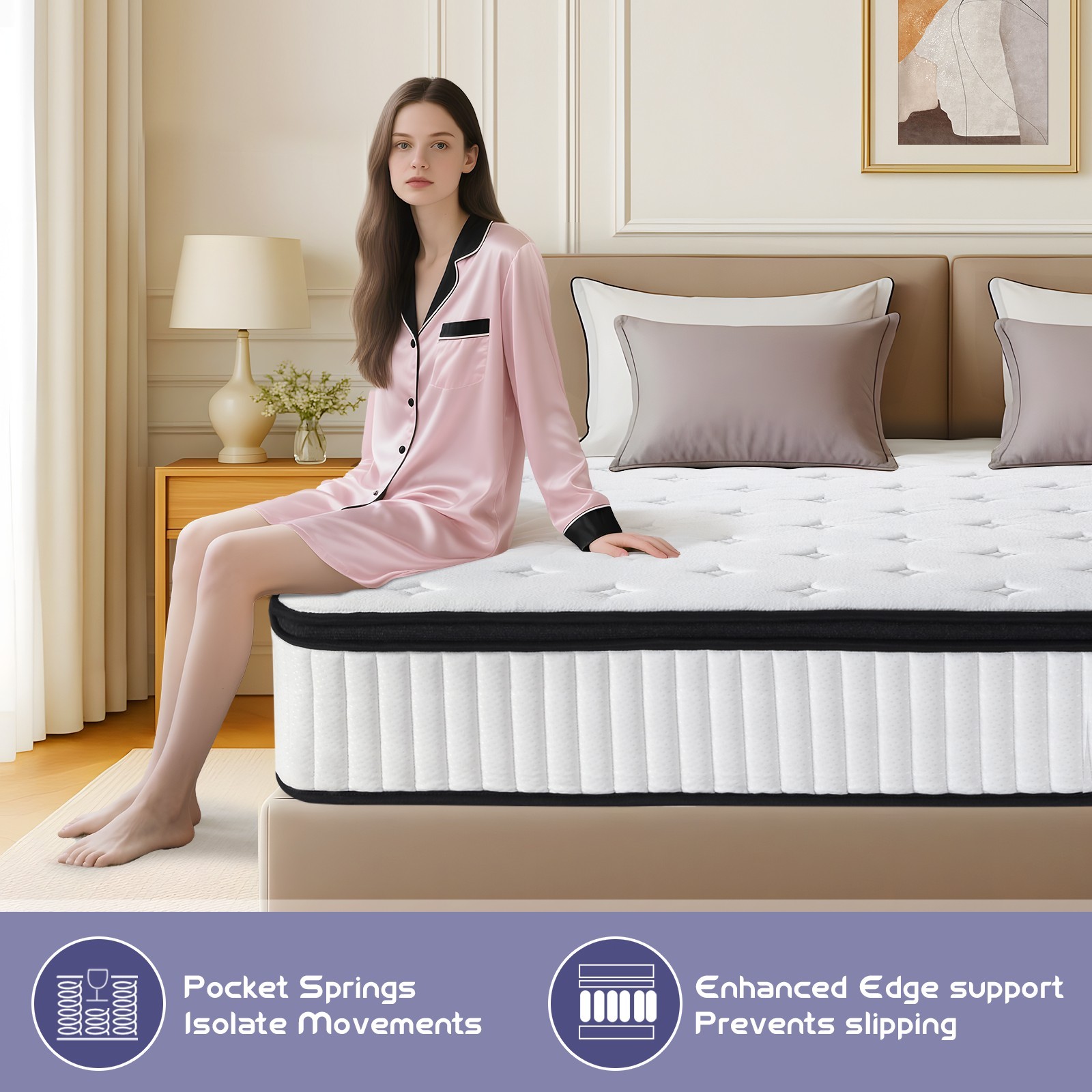 Hbaid 12″ Pocket Spring Hybrid Mattress, Twin Txl Full Queen King Size