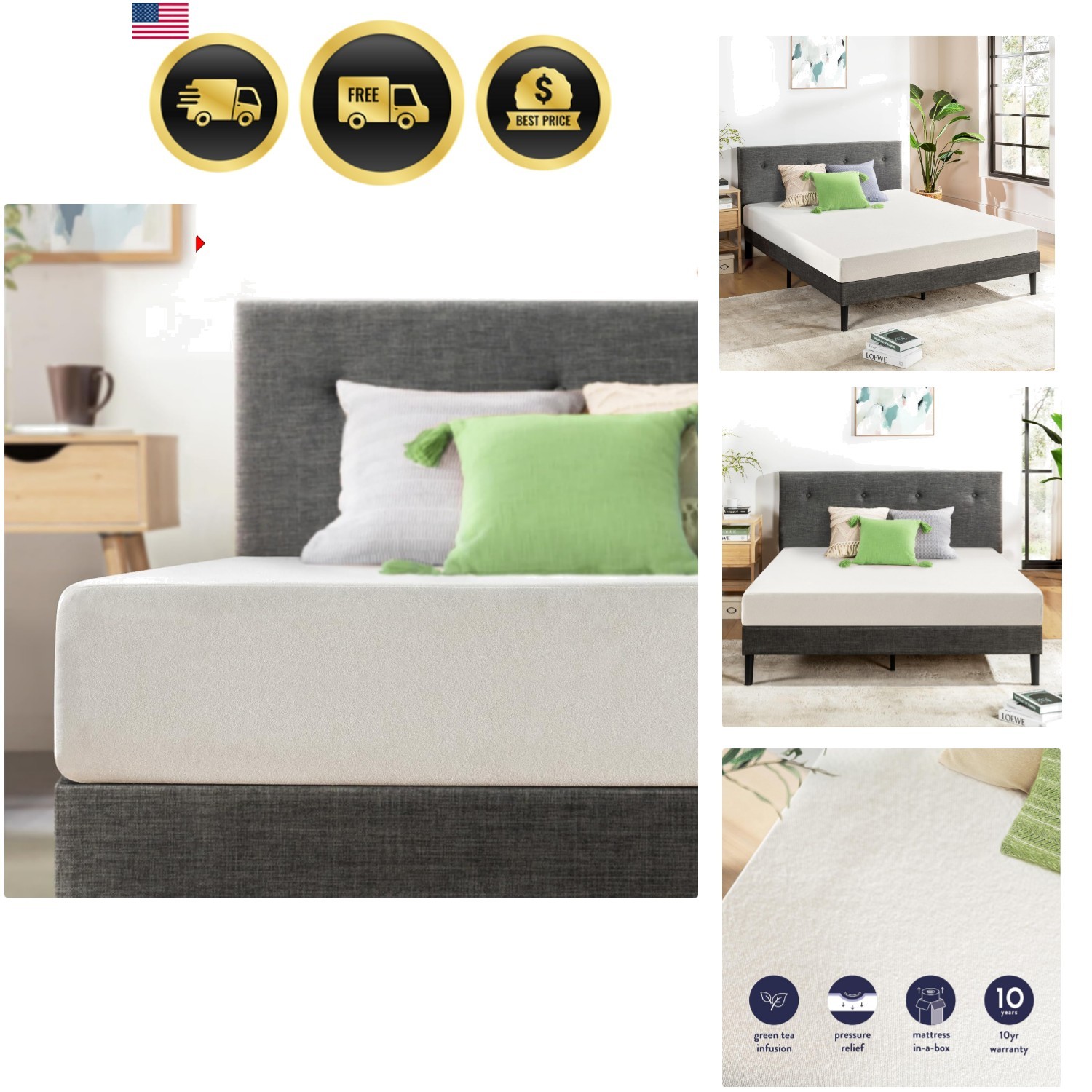 Full Mattress 6 inch Bed-In-A-Box, Green Tea Memory Foam White