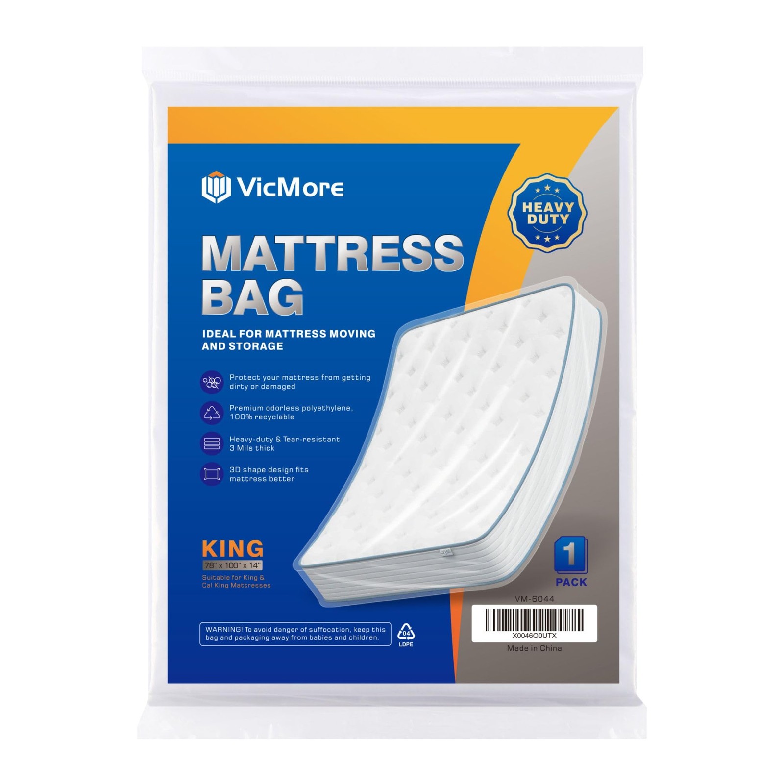 VICMORE 3mil Heavy-Duty Plastic Mattress Bag for King/Cal King King, Clear