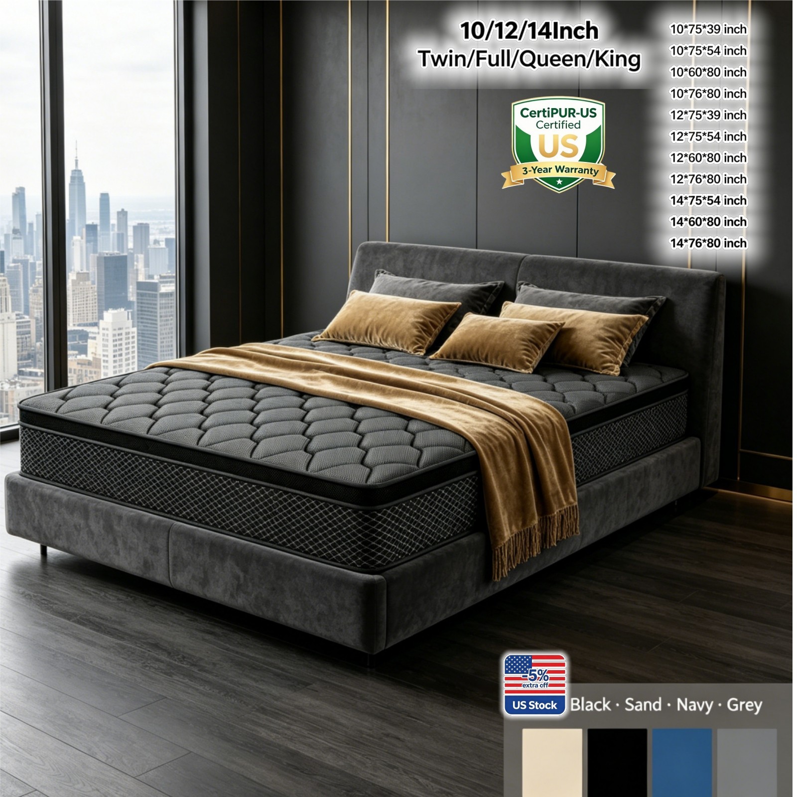 10/12/14Inch Bed Memory Foam&Spring Hybrid Mattres King Queen Full Twin In Box