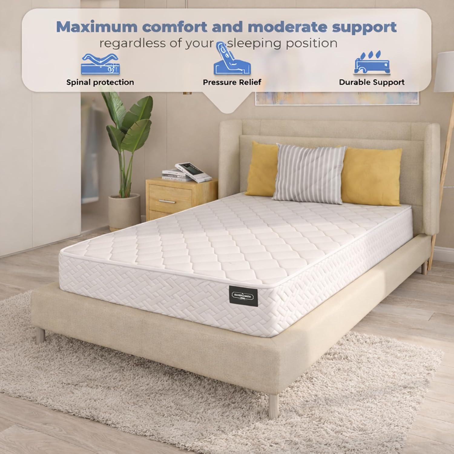 Twin Mattress 6 Inches 38X75 White – Medium Firm Hybrid for Bed – Twin Size Matt