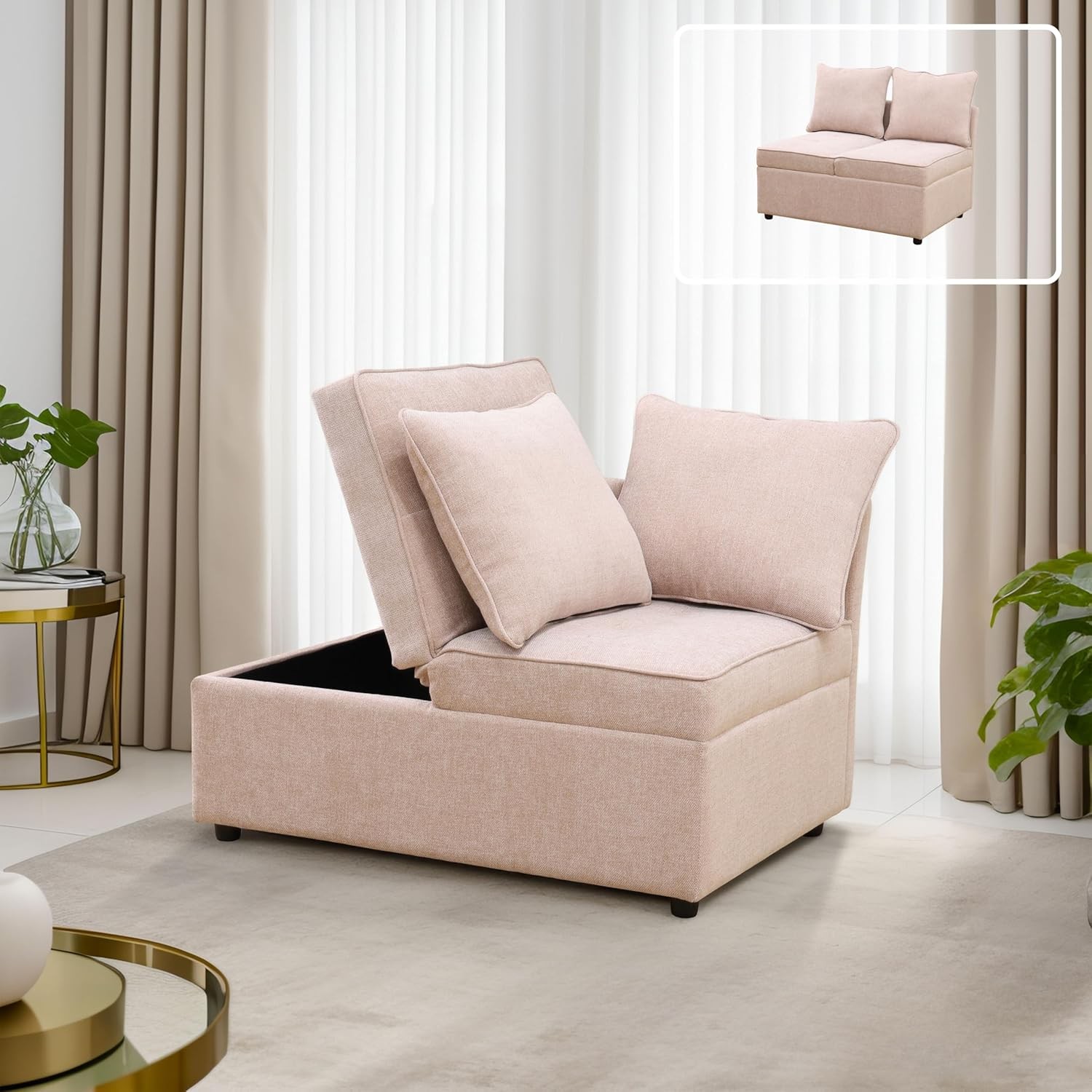 Convertible Ottoman Sofa with Stora, Modern Sacloth Futon Couch with 2