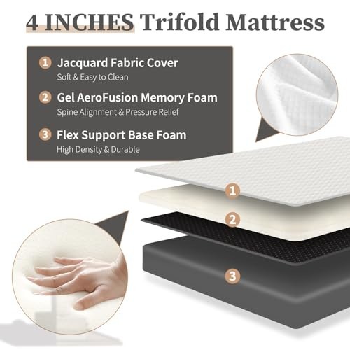 Tri-Fold Memory Foam Mattress 4″ Twin Size Portable Floor Bed, Washable Cover, T
