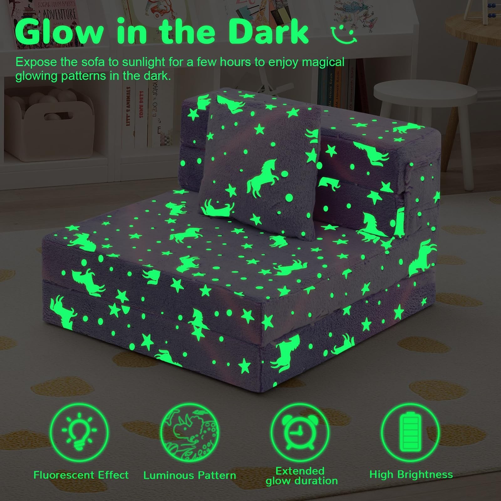 Foldable Futon Chair Bed for Kids, Glow Tri-Fold Sofa Bed Convertible Toddler…