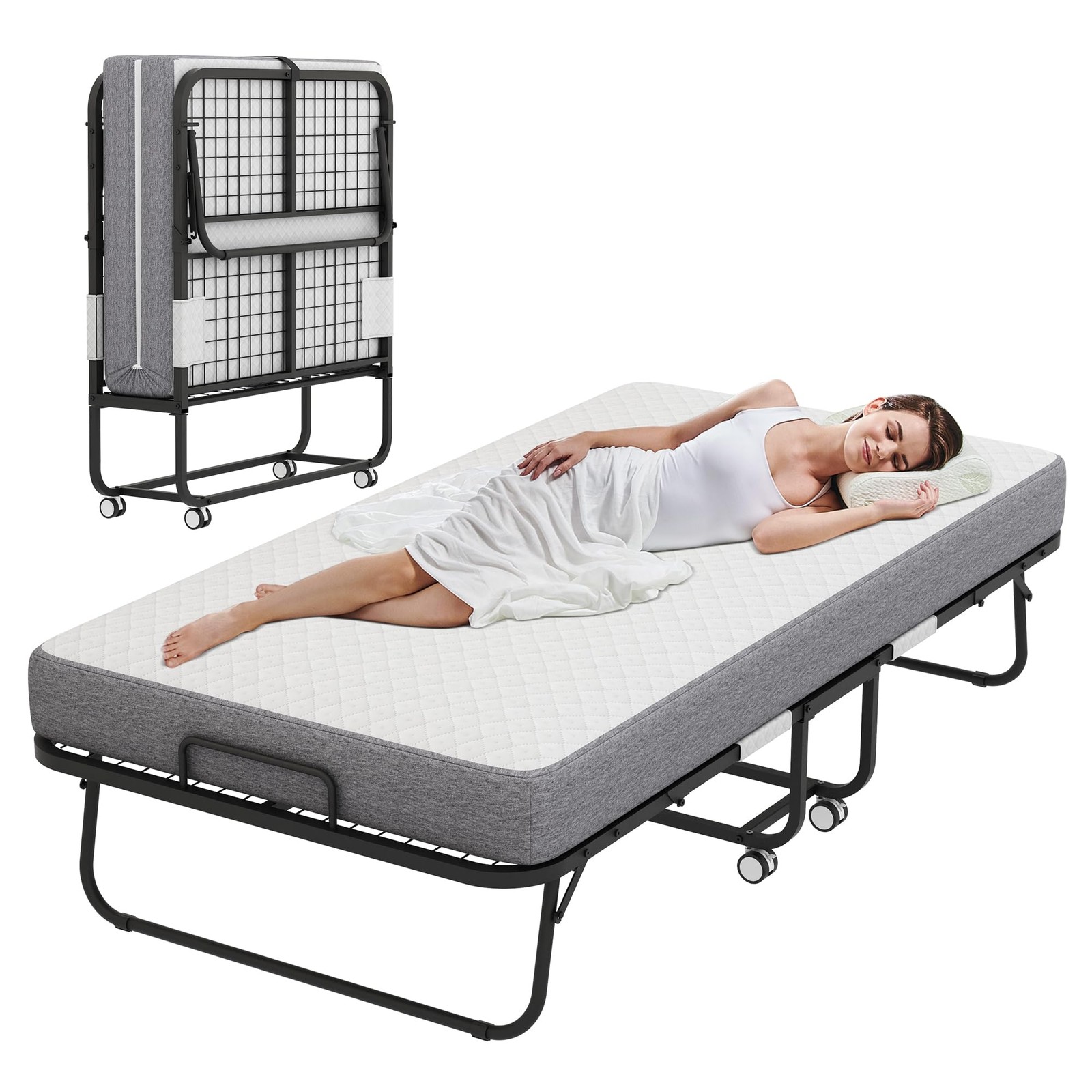 Folding Bed with Memory Foam Mattress for Adults Portable Space Saving Cot Size