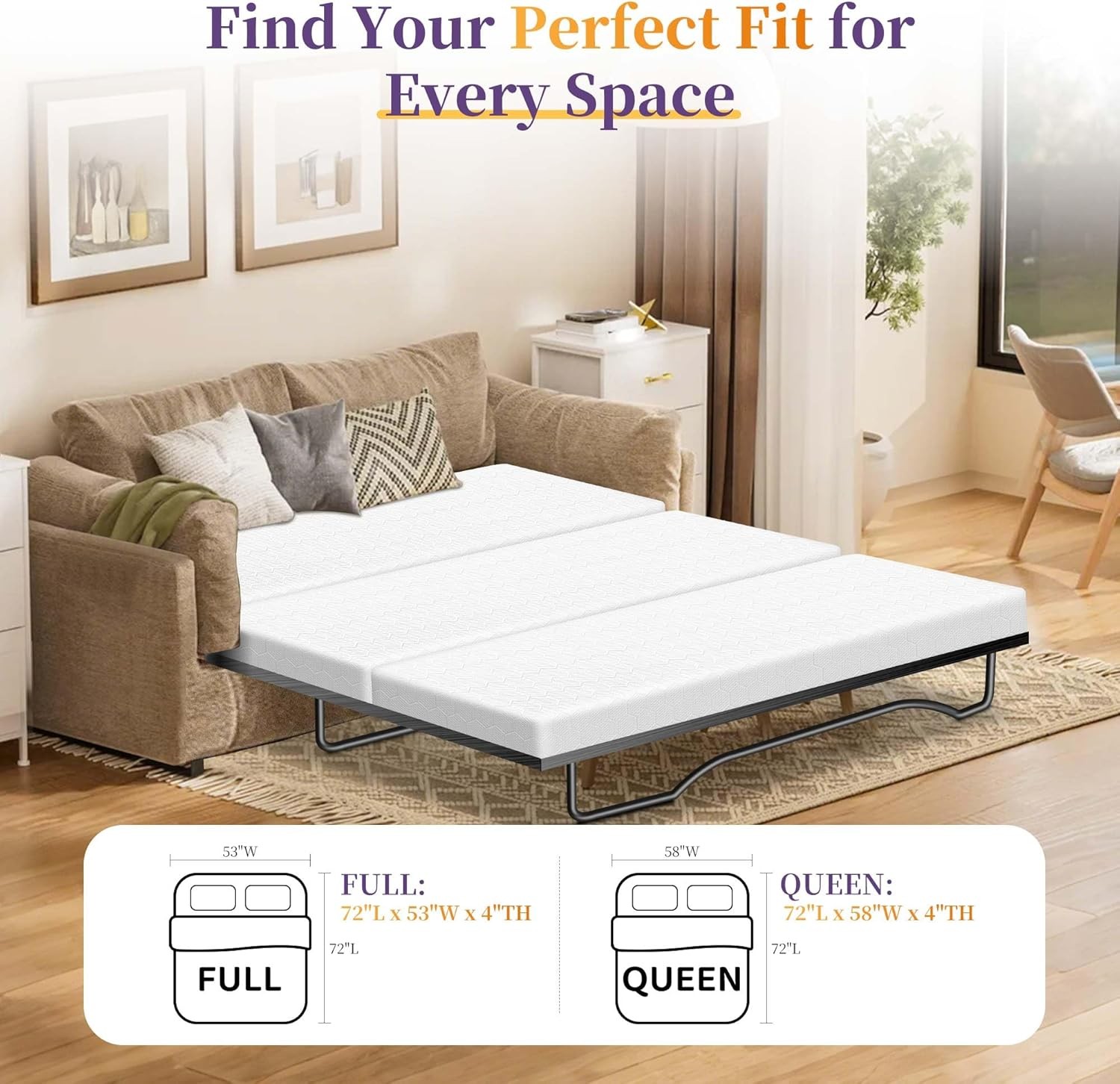 4″ Memory Fo Sofa Bed Mattr Replacement 72″× 58″ for Queen Pull Out