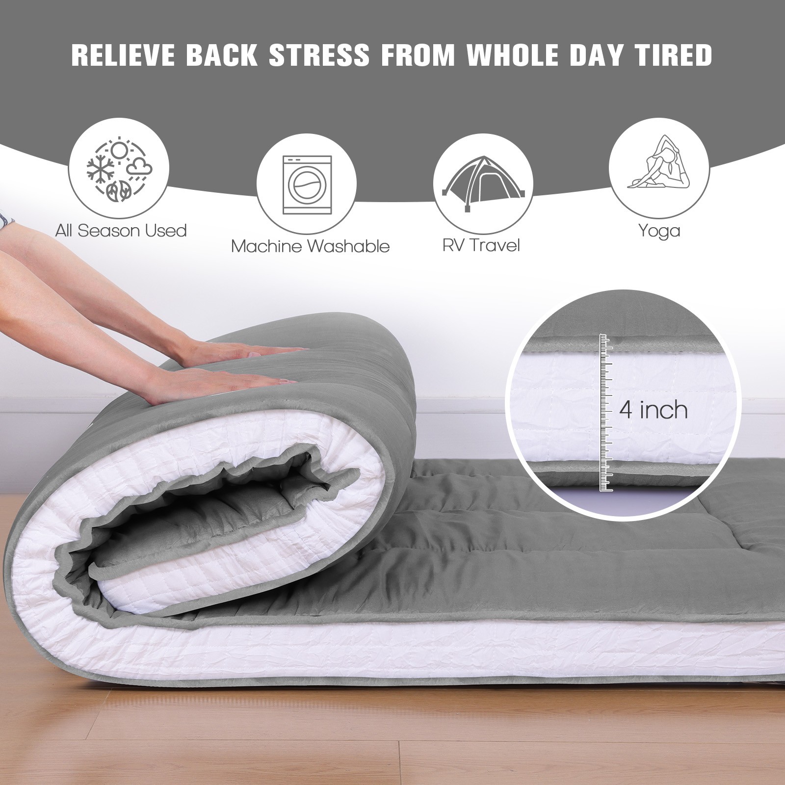 4″ Japanese Tatami Futon Roll-Up Mattress Memory Foam Floor Pad w/ Bag & Cover