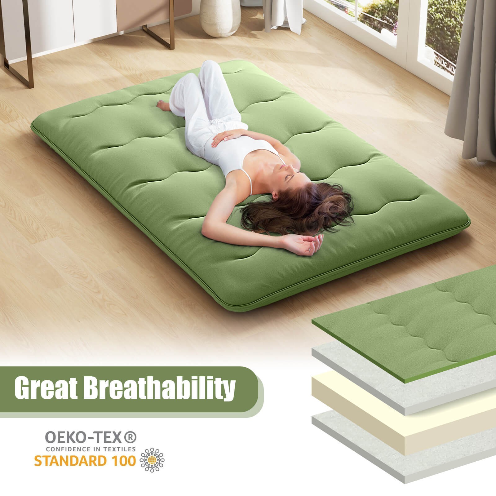 Full Futon Mattress Washable Cover Carry Bag Green Japanese Floor Pad