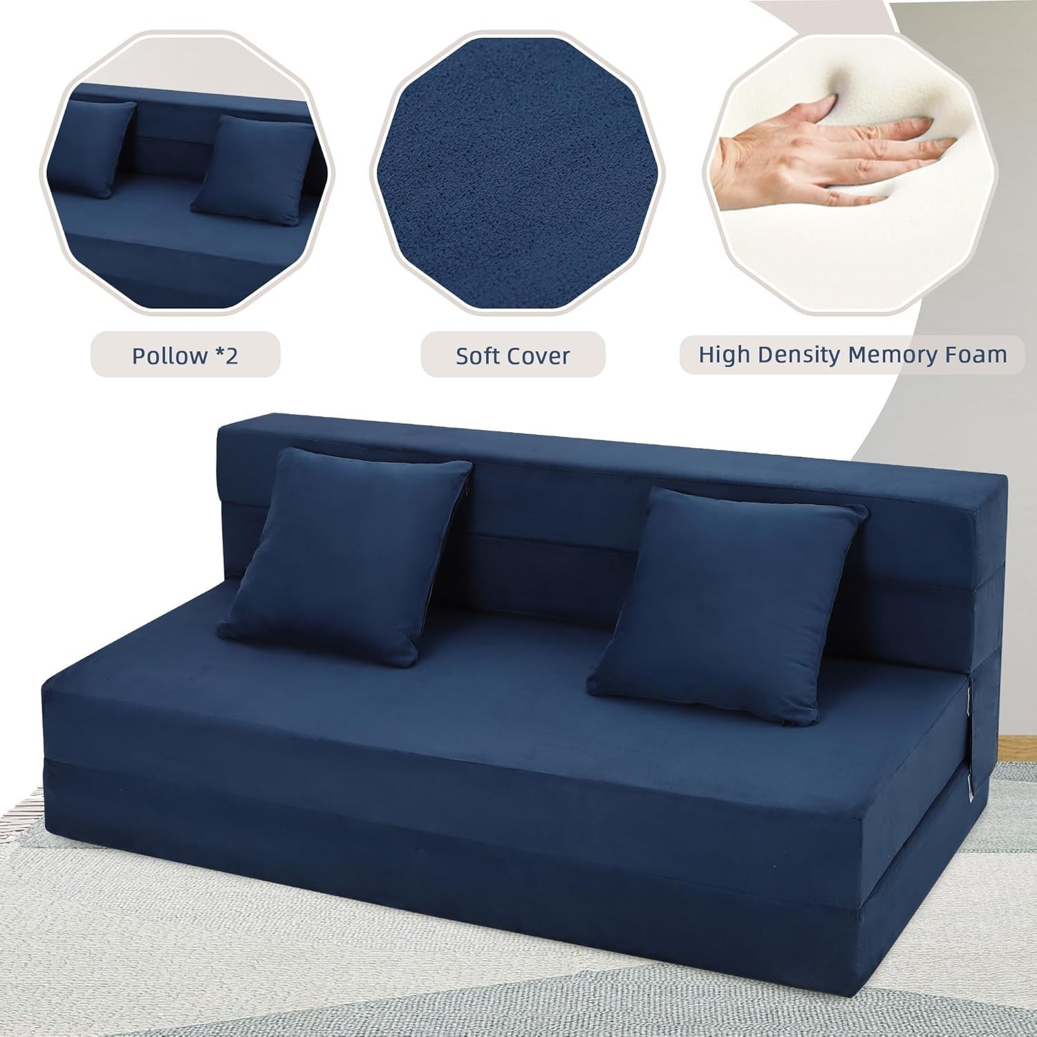 Queen Size Folding Sofa Bed Convertible Floor Futon Bed Mattresses w/ 2 Pillows