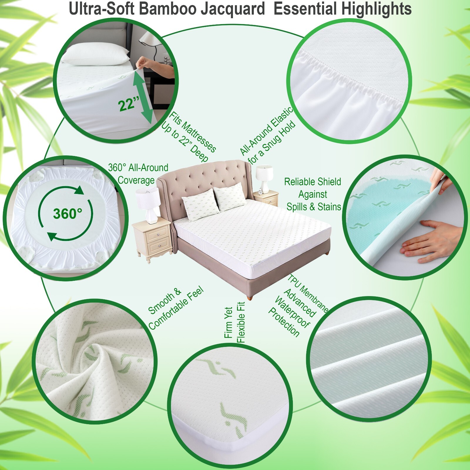 Premium Bamboo Jacquard Soft Breathable Waterproof Deep Pocket Mattres Protector