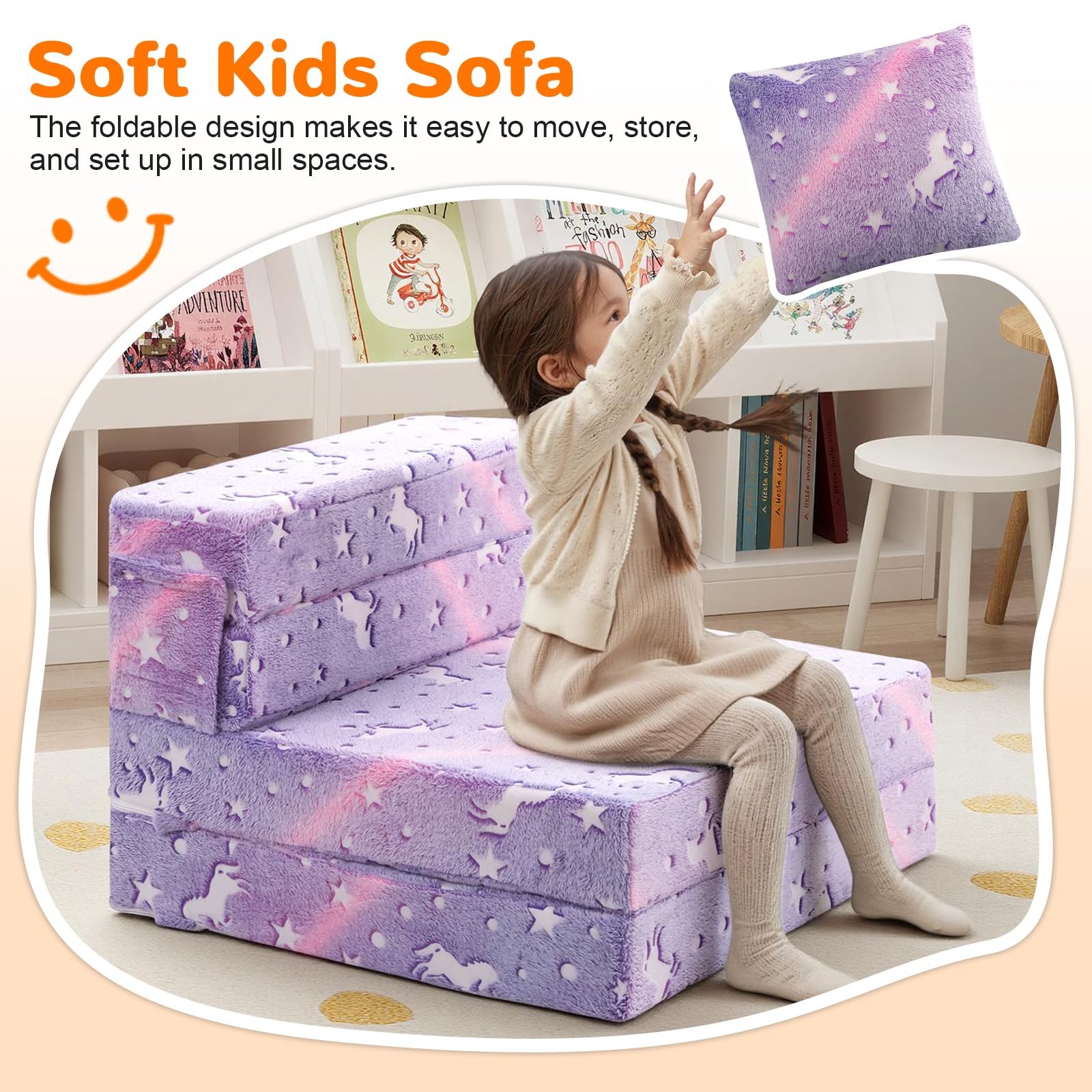 Foldable Futon Chair Bed for Kids, Glow Tri-Fold Sofa Bed Convertible Toddler…