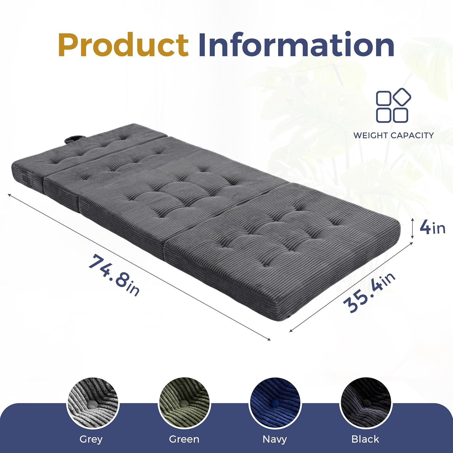 Tri-Fold 4-Inch Foam Mattress, Portable Floor Couch, Twin Size, Dark Grey