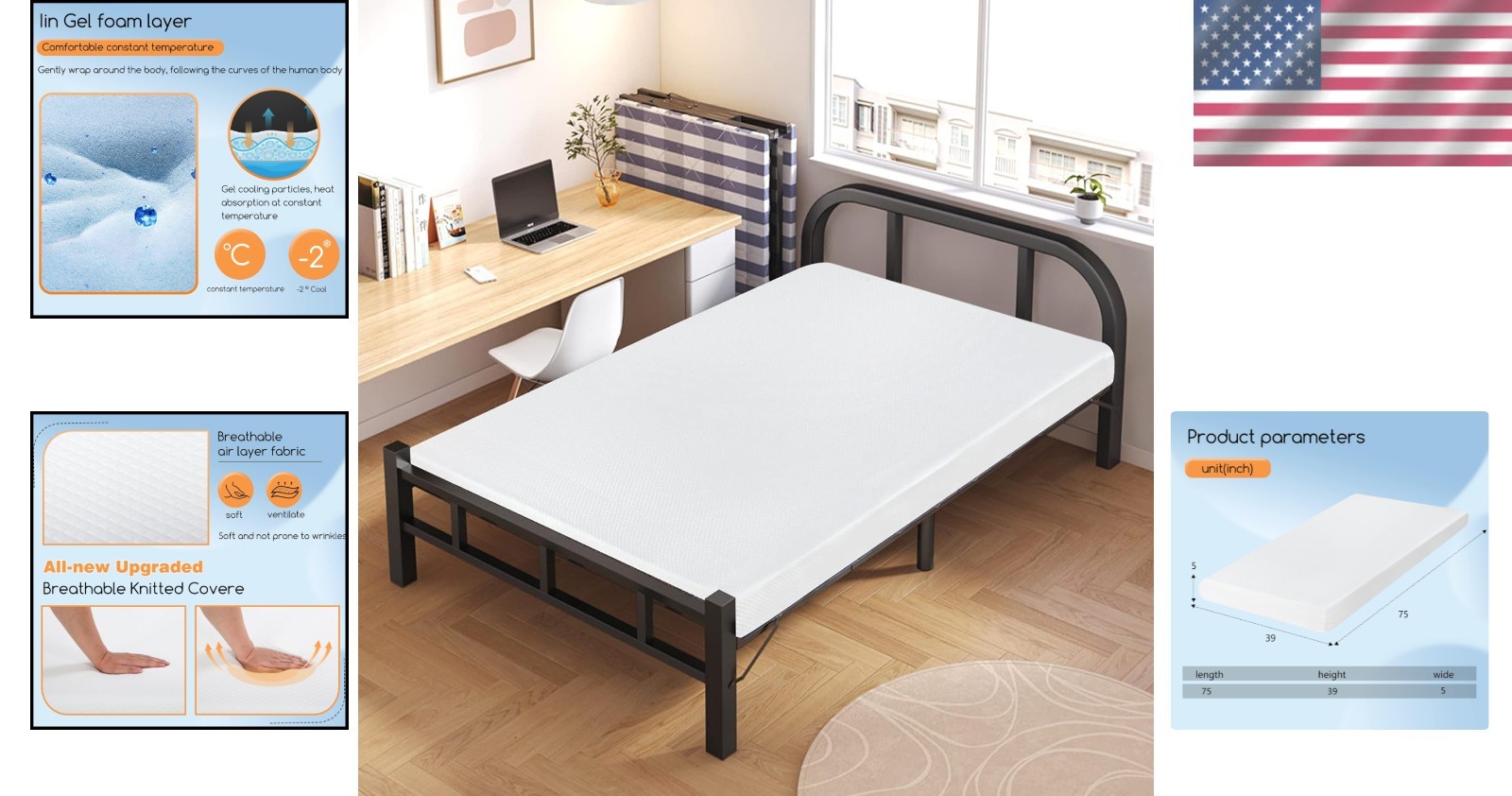 5 Inch Twin Mattress in White | Gel Memory Foam with Pressure Relief & Cooling