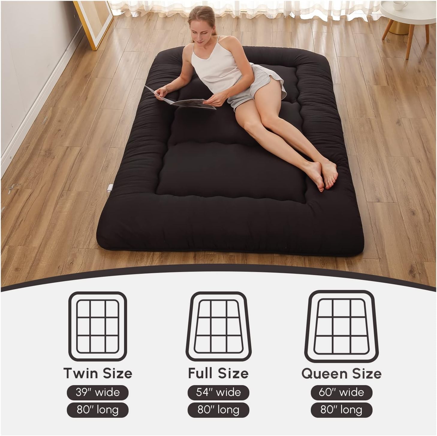Japanese Floor Mattress, Futon Mattress with Portable Storage Bag and Washable