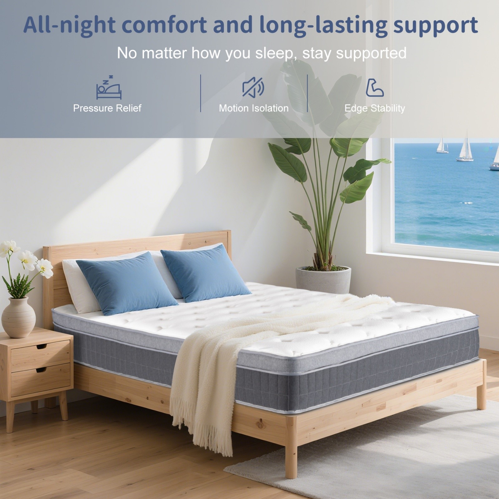 Twin Hybrid Mattress 12″ – Memory Foam Medium Firm Breathable Gray Trim