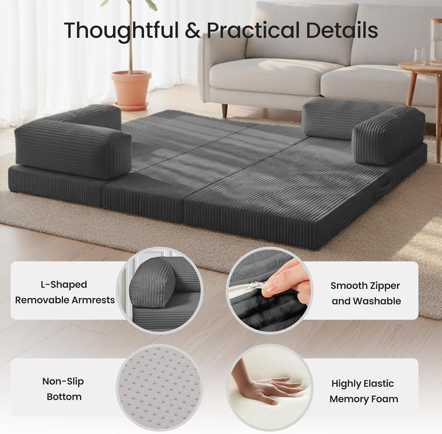Tri-Fold Foldable Mattress Convertible Folding Sofa Bed W/ Removable Arms &