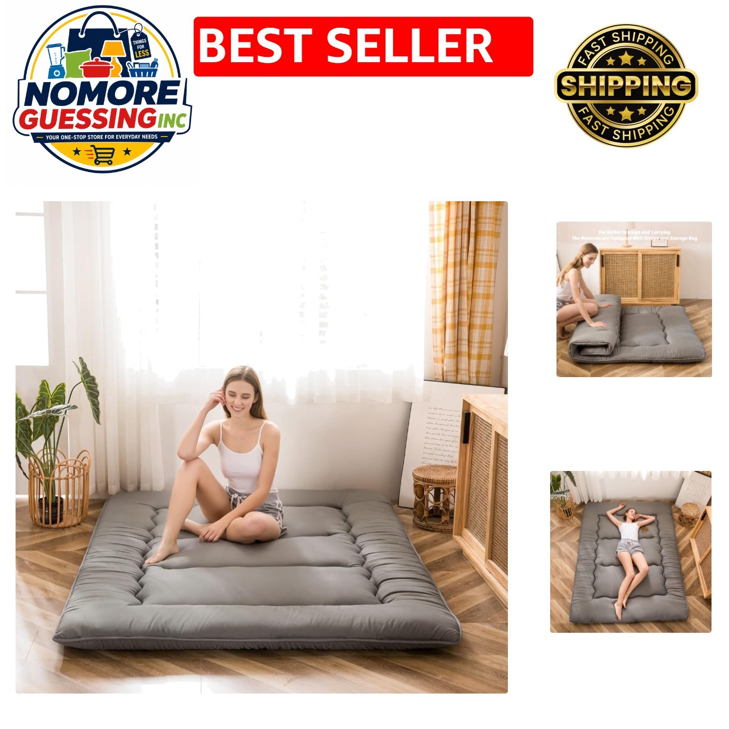 Charcoal Grey Japanese Floor Futon Mattress, Twin Size, Foldable and Comfortable