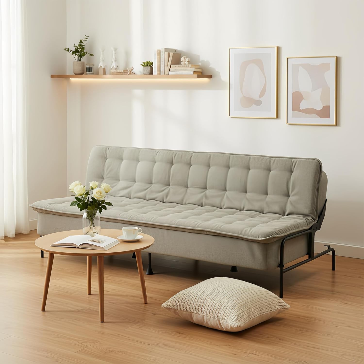 Modern Grey Futon Sofa Bed, 3-Posit Adjustable Barest,